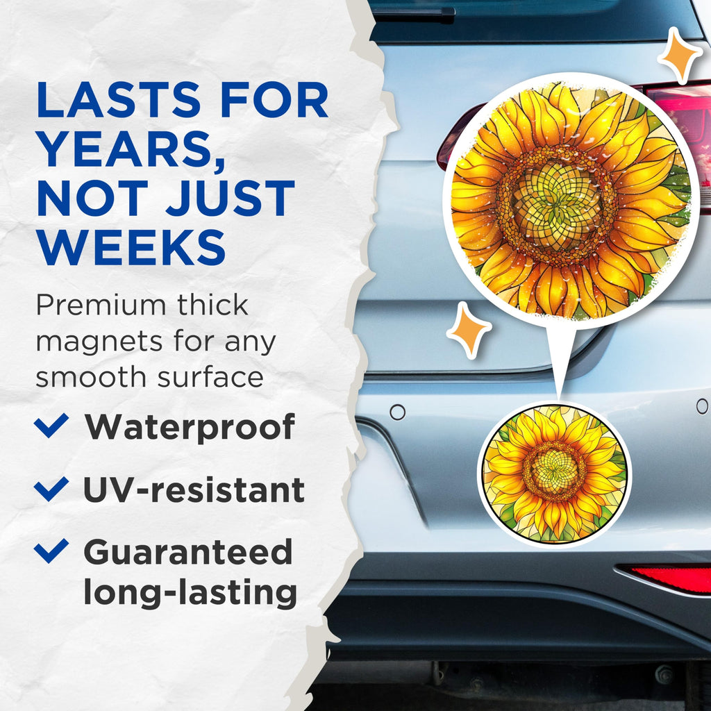 (2 Pack) Stained Glass Sunflower Magnets - Cheerful Floral Refrigerator Decor - Botanical Kitchen Art Statement - 5 Inches On Longest Side - Thick Durable Magnet - Made in USA - MAG25497