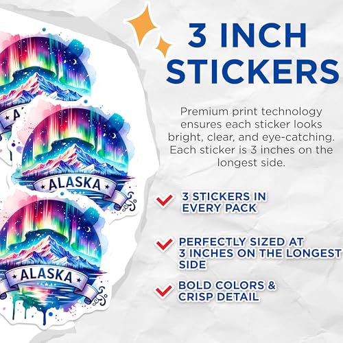 (3 Pack) Alaska Decals - Northern Lights - Mountain Decals- 3 Inches On Longest Side - Easy Peel & Apply - Made in USA - 3MCS5562
