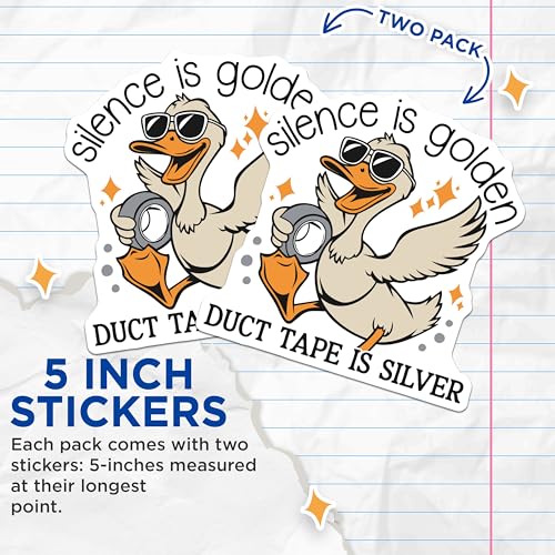 (2 Pack) Silence is Golden Stickers - Funny Duck Stickers - Duct Tape is Silver Stickers - 5" On Longest Side - Sticks to Smooth Flat Surfaces - Made in USA - BMCS4672