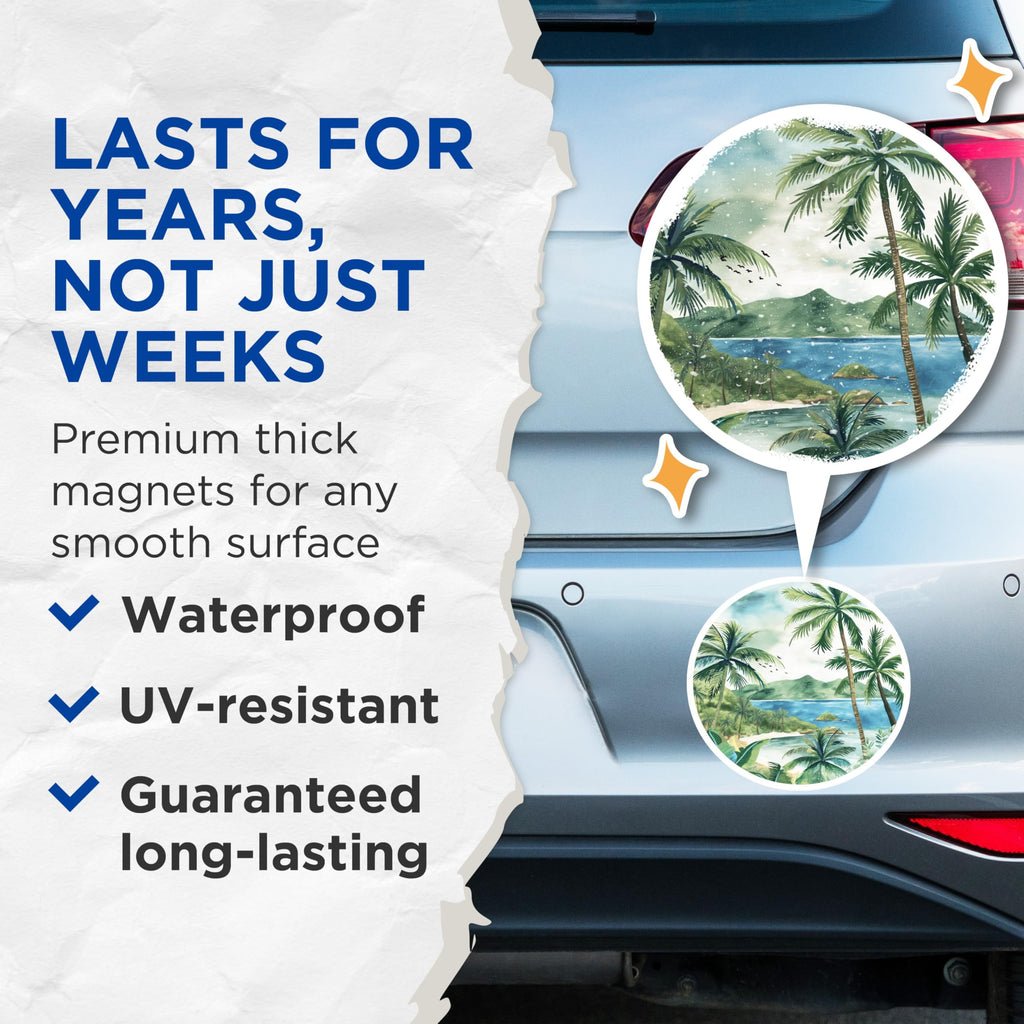 (2 Pack) Tropical Island Magnets - Watercolor Palm Tree Beach Scene - Coastal Ocean Vacation Refrigerator Locker Magnets - 5 Inches On Longest Side - Thick Durable Magnet - Made in USA - MAG19964