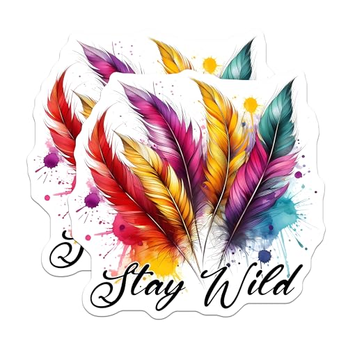 (2 Pack) Stay Wild Stickers - Colorful Feather - Artistic Decal Collection - 5" On Longest Side - Sticks to Smooth Flat Surfaces - Made in USA - BMCS7548