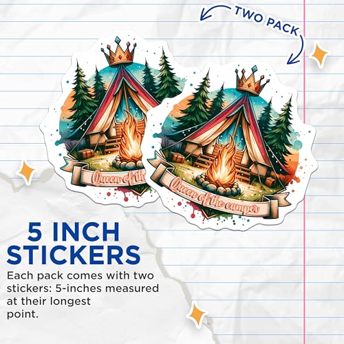 (2 Pack) Queen of The Camper Stickers - Camper Van Life - Camping Adventure Stickers - Outdoors Enthusiasts Stickers - 5" On Longest Side - Sticks to Smooth Flat Surfaces - Made in USA - BMCS6769