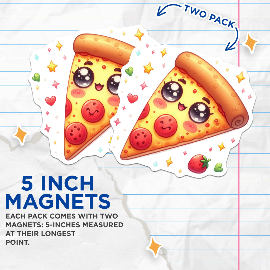 (2 Pack) Kawaii Pizza Magnets - Cute Food Decor - Adorable Fridge Art - Happy Pizza Slice - Anime Style - 5 Inches On Longest Side - Thick Durable Magnet - Made in USA - MAG36060