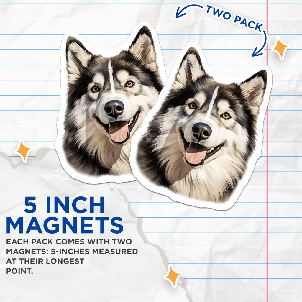 (2 Pack) Alaskan Malamute Magnets - Smiling Husky Dog Face - Pet Owner Home Accessories - 5 Inches On Longest Side - Thick Durable Magnet - Made in USA - MAG29971