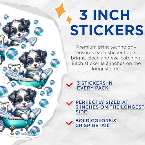 (3 Pack) Puppy in Tub Decals - Cute Dog Stickers - Laptop Decorations - 3 Inches On Longest Side - Easy Peel & Apply - Made in USA - 3MCS8190