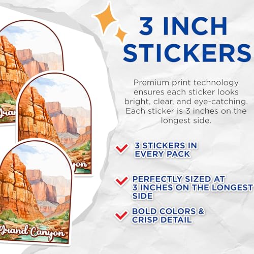 (3 Pack) Grand Canyon Decals - National Park Stickers - Arizona Travel Decal - 3 Inches On Longest Side - Easy Peel & Apply - Made in USA - 3MCS0441