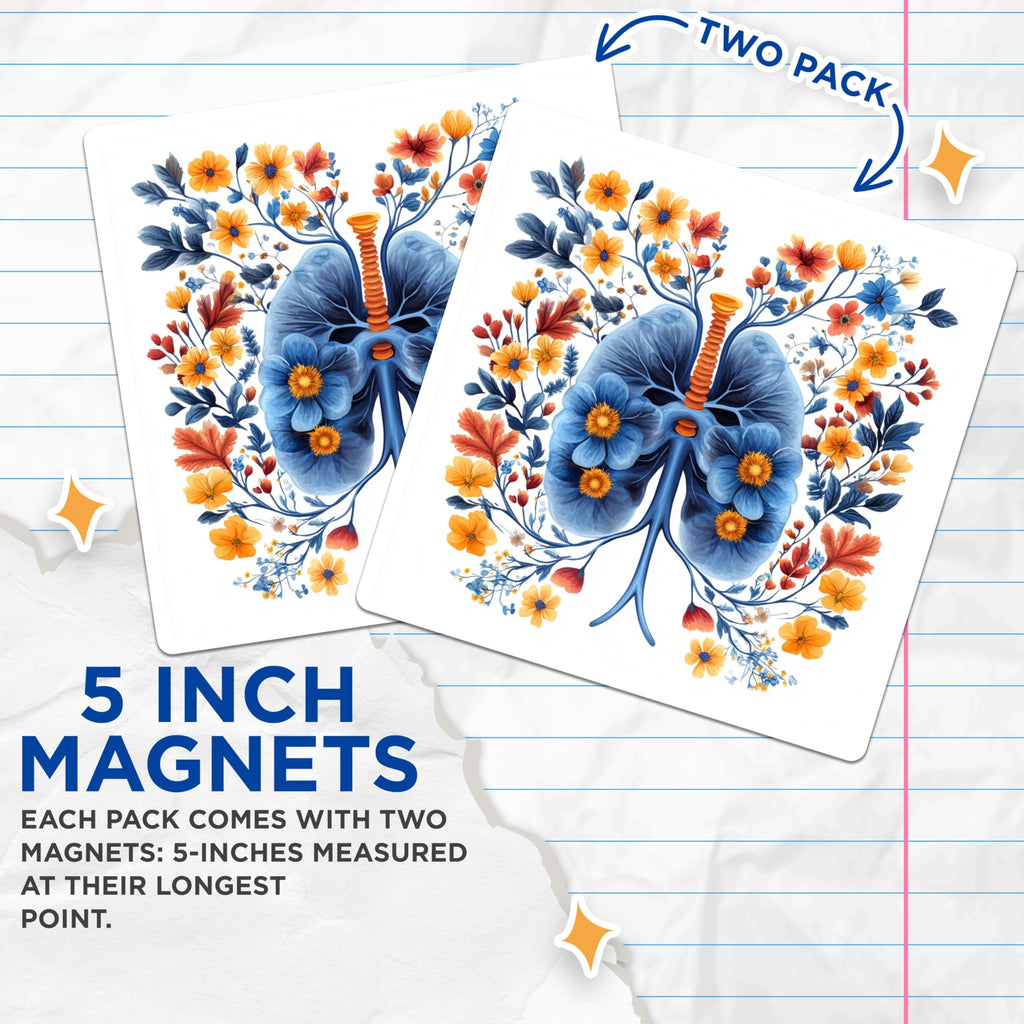 (2 Pack) Floral Lungs Magnets - Medical Student Appreciation - Respiratory System Art - Wellness Decor - 5 Inches On Longest Side - Thick Durable Magnet - Made in USA - MAG25007