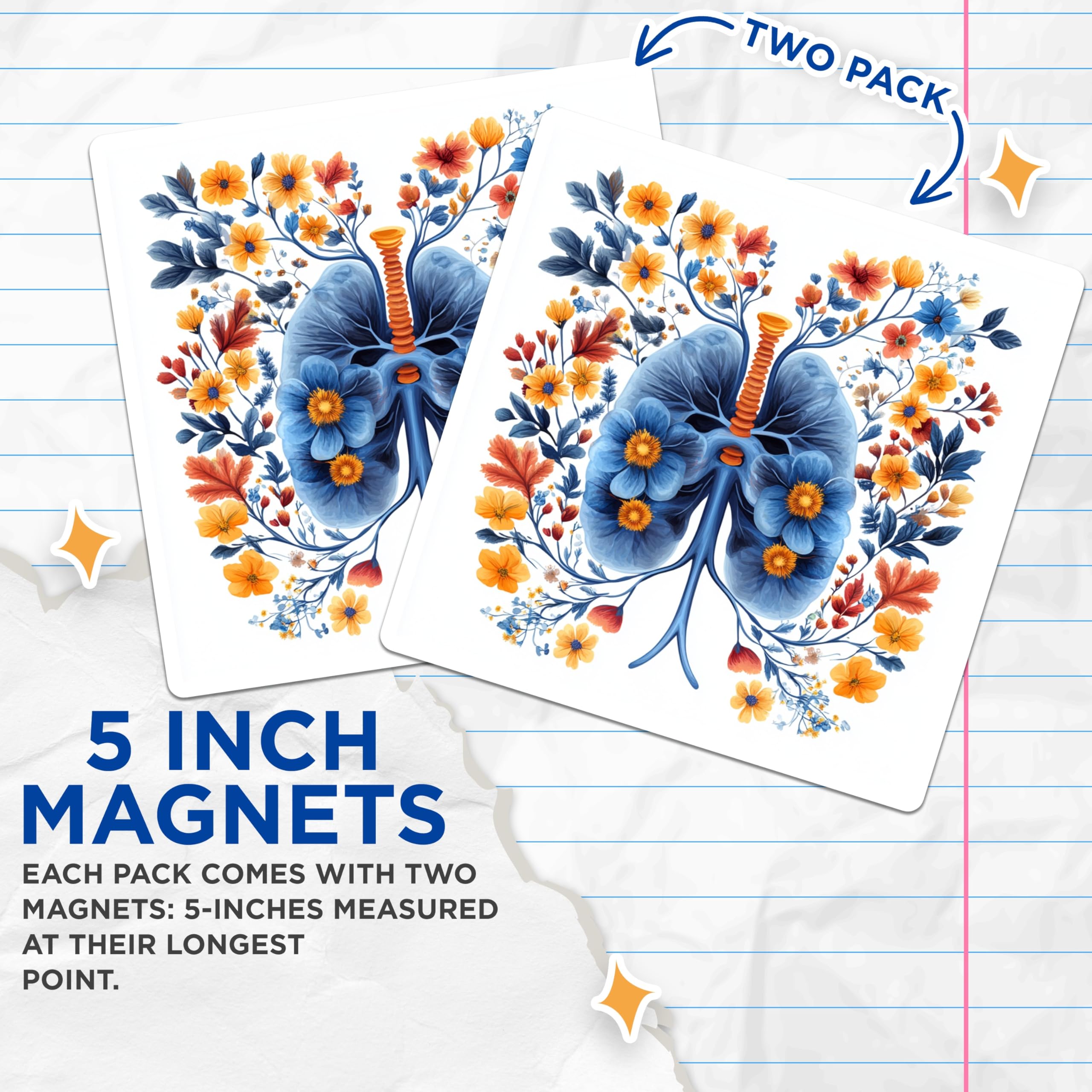 (2 Pack) Floral Lungs Magnets - Medical Student Appreciation - Respiratory System Art - Wellness Decor - 5 Inches On Longest Side - Thick Durable Magnet - Made in USA - MAG25007