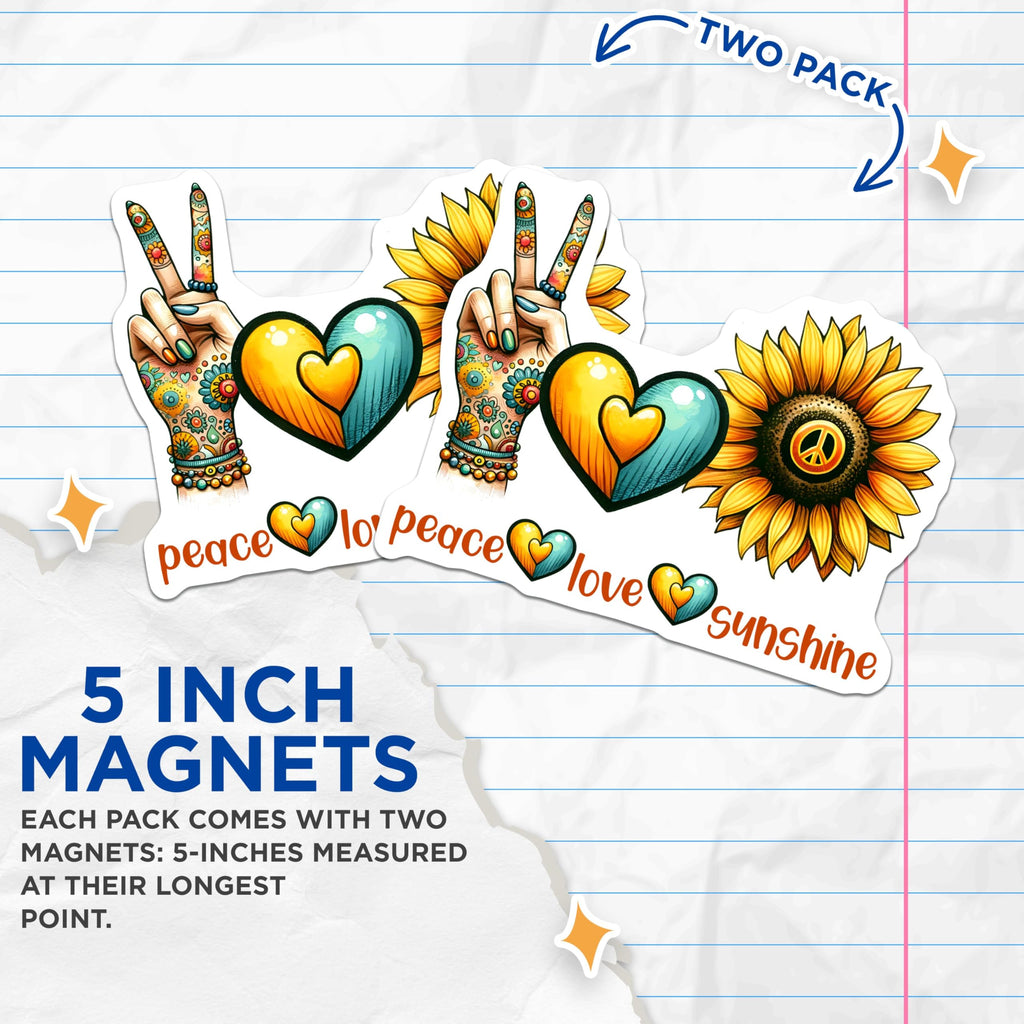 (2 Pack) Peace Love Sunshine Magnets - Inspirational Phrase Decor - 5" On Longest Side - for Cars, Fridges, Toolboxes - Made in USA - MAG7979