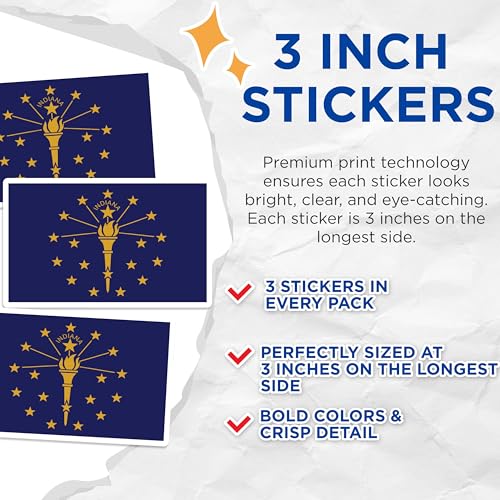 (3 Pack) Indiana State Flag Decals - Laptop Decals - Indiana Pride Stickers - 3 Inches On Longest Side - Easy Peel & Apply - Made in USA - 3MCS0186