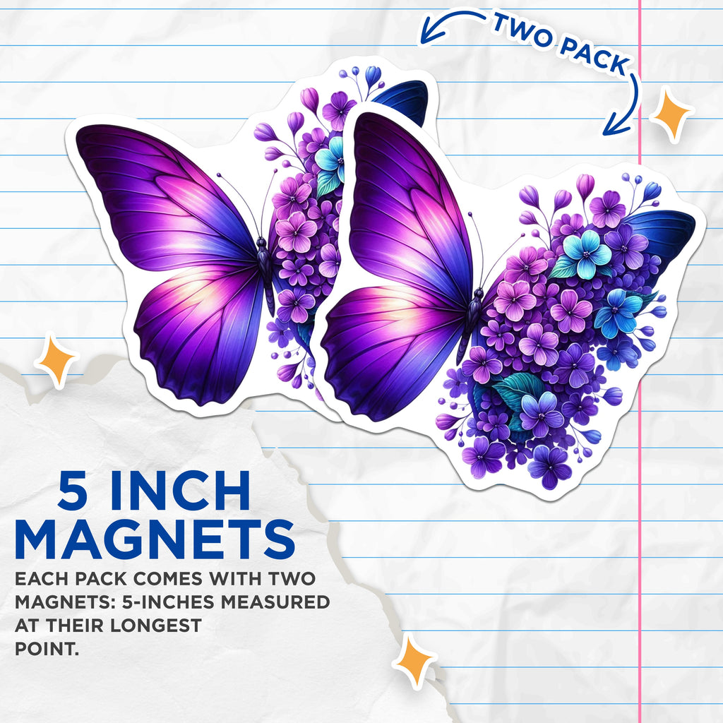 (2 Pack) Butterfly Flower Magnets - Purple Blue Floral Decor - Nature Art Kitchen Fridge - Refrigerator Locker Decal - 5 Inches On Longest Side - Thick Durable Magnet - Made in USA - MAG39135