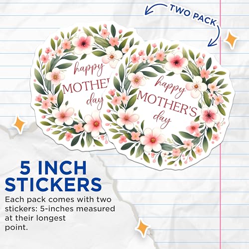 (2 Pack) Happy Mother's Day Stickers - Floral Wreath - Mother's Day Decorations - 5" On Longest Side - Sticks to Smooth Flat Surfaces - Made in USA - BMCS8191