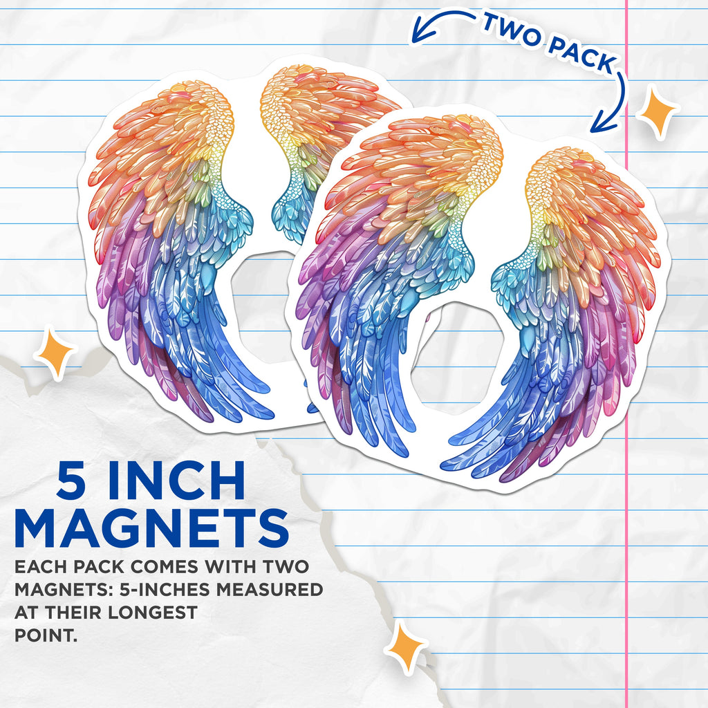 (2 Pack) Vibrant Rainbow Wing Magnets - Ethereal Feather Decoration - Spiritual Art Accent - 5 Inches On Longest Side - Thick Durable Magnet - Made in USA - MAG39391