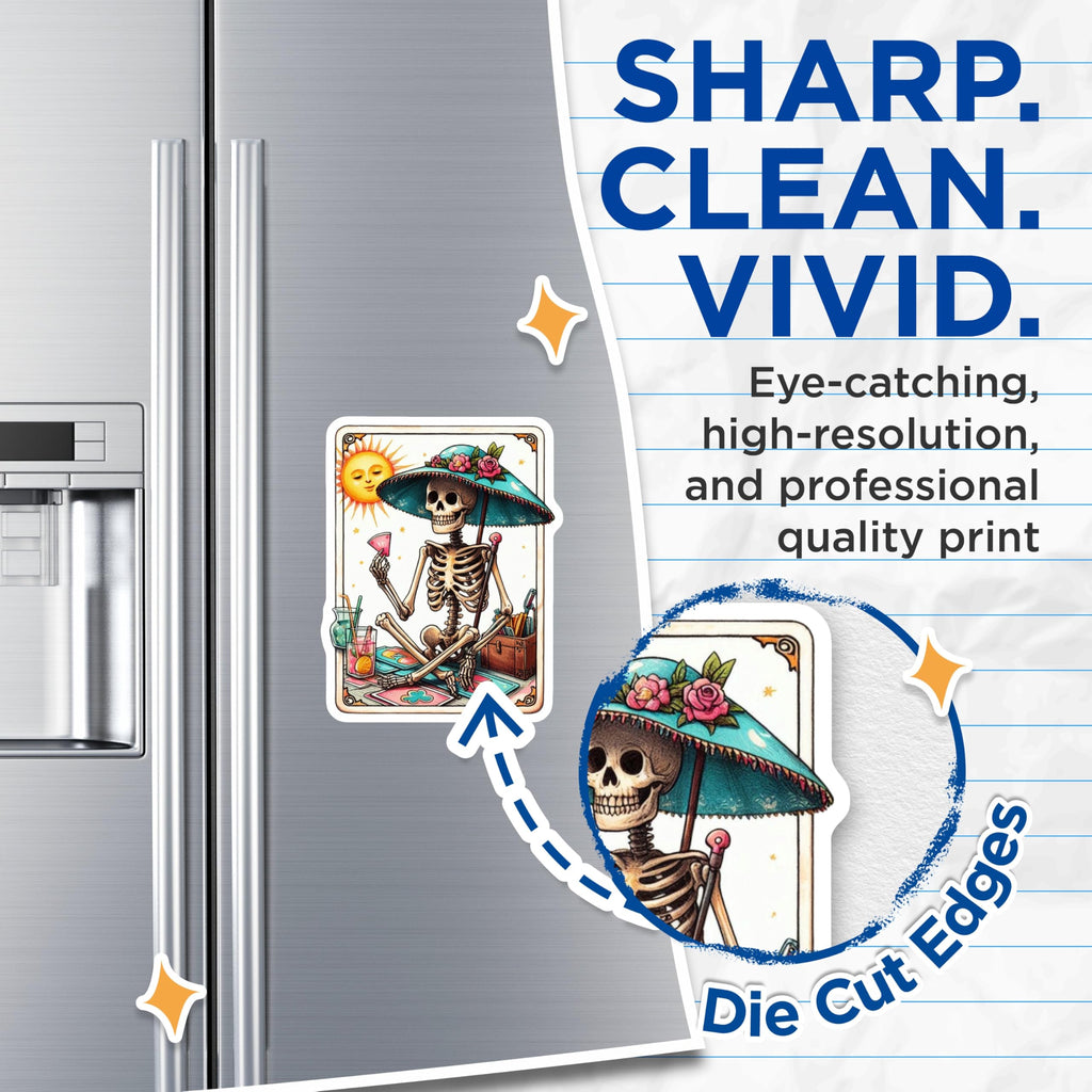 (2 Pack) Whimsical Skeleton Magnets - Day of Dead Skull Art - Summer Vibes Fridge Locker Decor - 5 Inches On Longest Side - Thick Durable Magnet - Made in USA - MAG20364