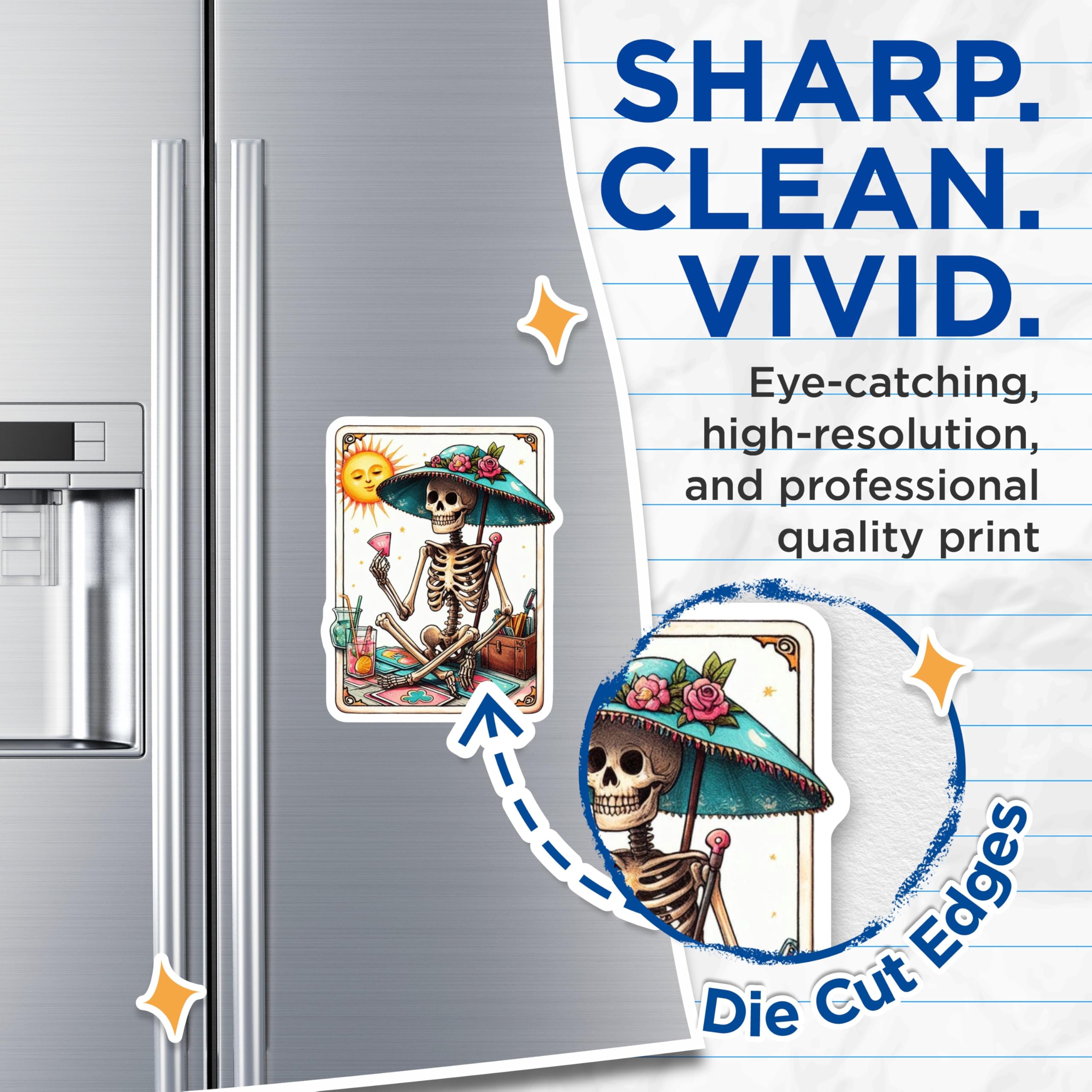 (2 Pack) Whimsical Skeleton Magnets - Day of Dead Skull Art - Summer Vibes Fridge Locker Decor - 5 Inches On Longest Side - Thick Durable Magnet - Made in USA - MAG20364