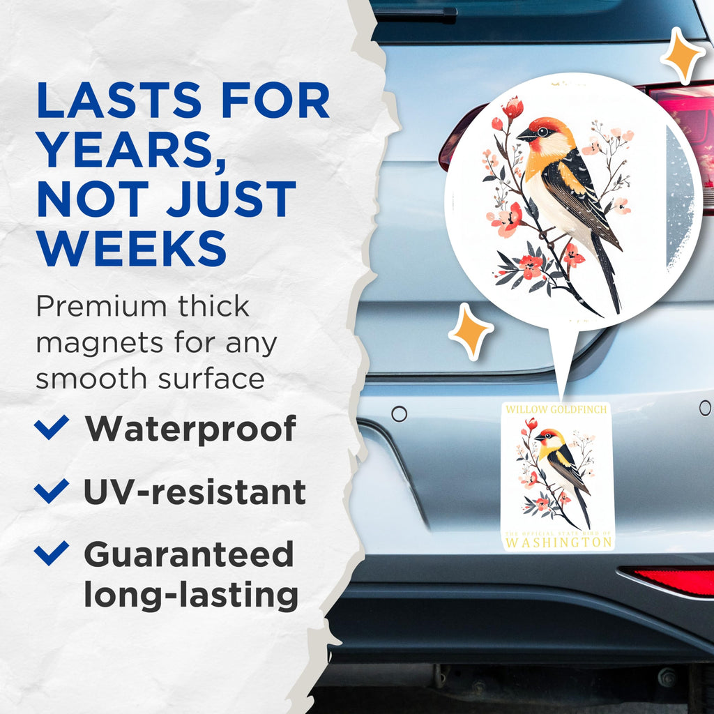 (2 Pack) Willow Goldfinch Magnets - State Bird Magnets - Washington Souvenir Magnets - 5" On Longest Side - Premium Magnet - for Cars, Refrigerators, Toolboxes, Lockers - Made in USA - MAG17233