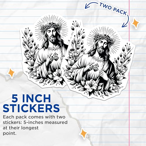 (2 Pack) Sacred Heart of Jesus Stickers - Religious Artwork - Decorative Catholic Stickers - 5" On Longest Side - Sticks to Smooth Flat Surfaces - Made in USA - BMCS7321