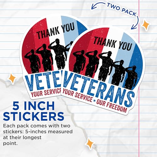 (2 Pack) Thank You Veterans Stickers - Military Appreciation Stickers - Your Service Our Freedom Decals - 5" On Longest Side - Sticks to Smooth Flat Surfaces - Made in USA - BMCS5798