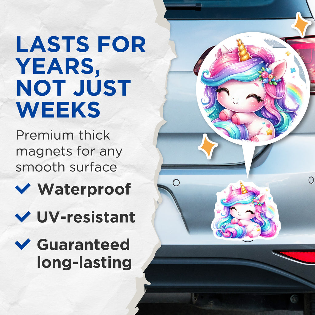 (2 Pack) Cute Kawaii Unicorn Magnets - Vibrant Rainbow Fantasy Decor - Magical Creature Locker Fridge Art - 5 Inches On Longest Side - Thick Durable Magnet - Made in USA - MAG36708