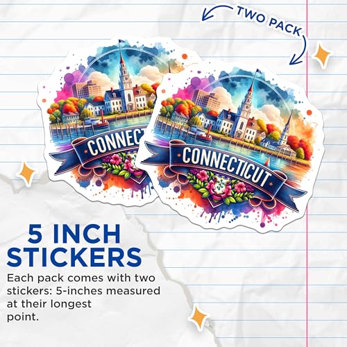 (2 Pack) Connecticut Travel Stickers - New England Souvenir - State Pride Art - 5" On Longest Side - Sticks to Smooth Flat Surfaces - Made in USA - BMCS6791