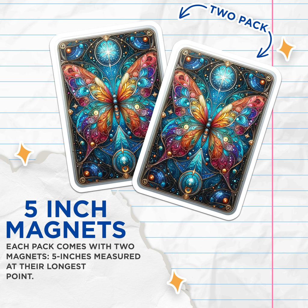 (2 Pack) Stained Glass Butterfly Magnets - Cosmic Mandala Art - Vibrant Fridge Decor - Locker Accessories - 5 Inches On Longest Side - Thick Durable Magnet - Made in USA - MAG20495