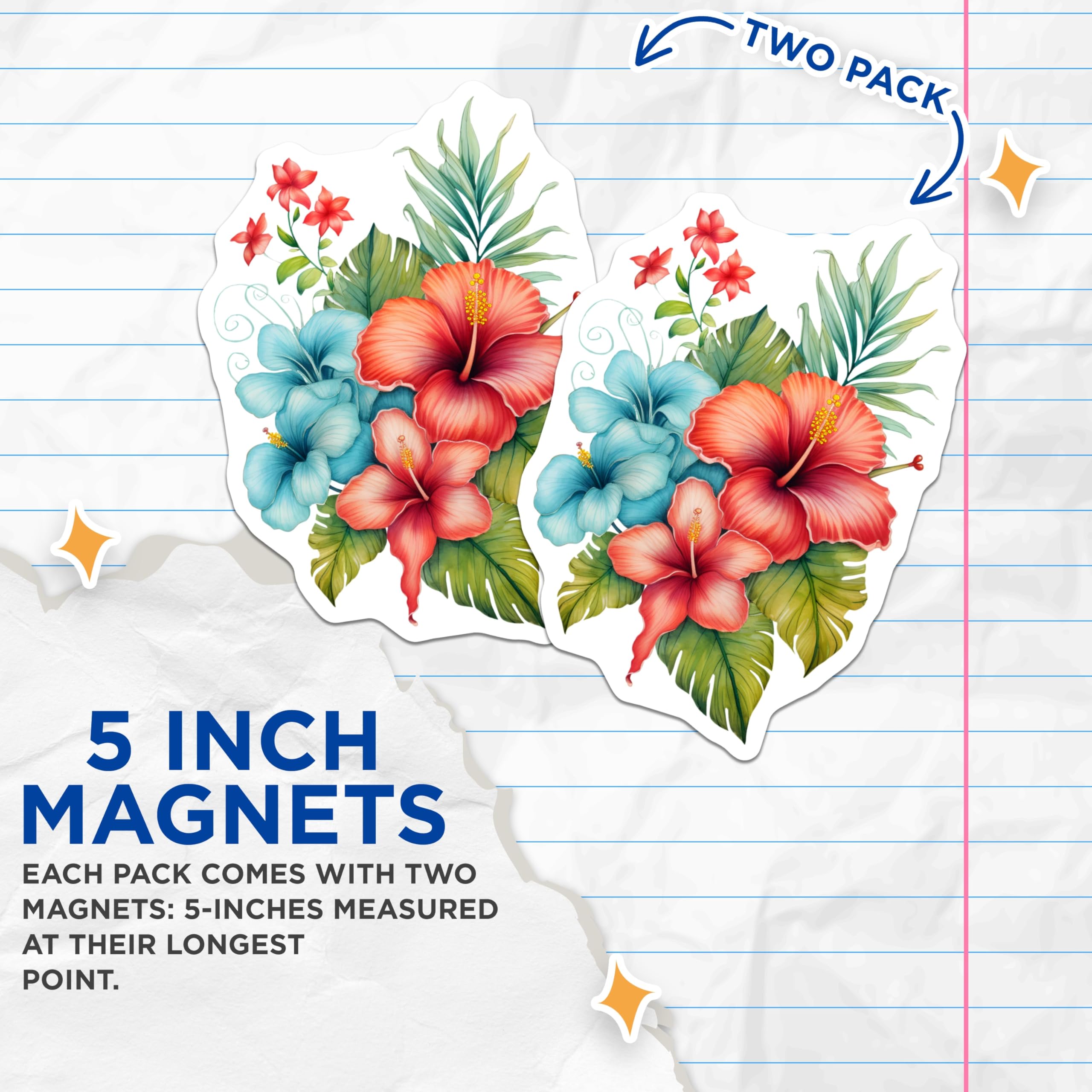 (2 Pack) Tropical Hibiscus Magnets - Vibrant Hawaiian Floral Decor - Exotic Bloom Kitchen Refrigerator Art - 5 Inches On Longest Side - Thick Durable Magnet - Made in USA - MAG19624