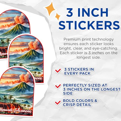 (3 Pack) Hawaii Volcanoes Decals - Island Lava Flow - Tropical Laptop Decals - 3 Inches On Longest Side - Easy Peel & Apply - Made in USA - 3MCS0409