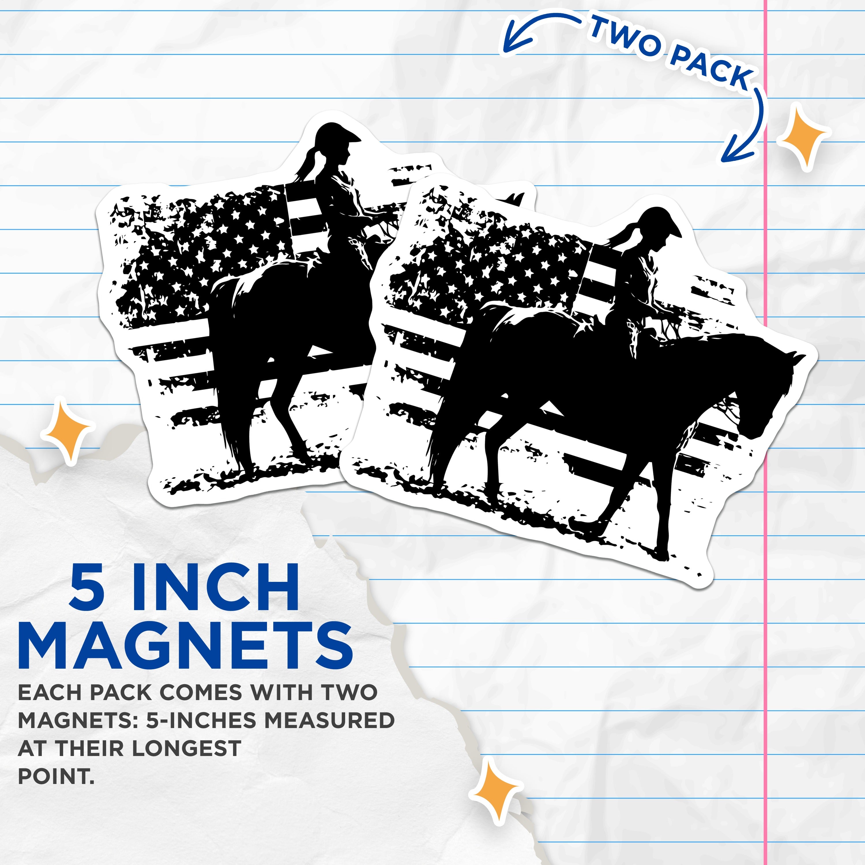 (2 Pack) Horse Rider American Flag Magnets - Patriotic Equestrian Cowgirl Decor - Rodeo Barrel Racing Fridge Magnets - 5 Inches On Longest Side - Thick Durable Magnet - Made in USA - MAG36926