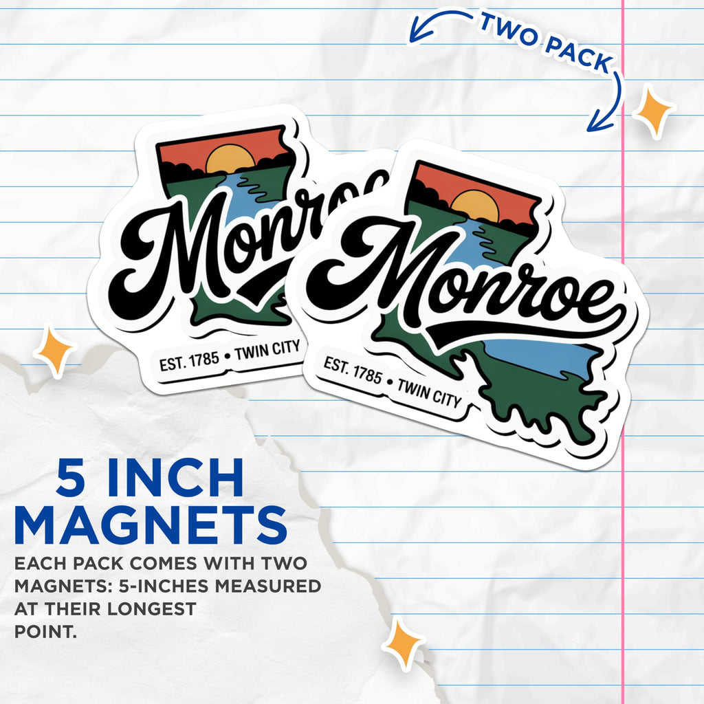 (2 Pack) Monroe Louisiana Magnets - Twin City Souvenir Est 1785 - State Outline River Sunset Scene Magnets - 5 Inches On Longest Side - Thick Durable Magnet - Made in USA - MAG19486