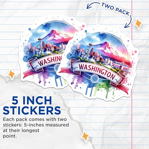 (2 Pack) Washington State Stickers - Seattle City Skyline - Pacific Northwest Souvenir Decals - 5" On Longest Side - Sticks to Smooth Flat Surfaces - Made in USA - BMCS7212