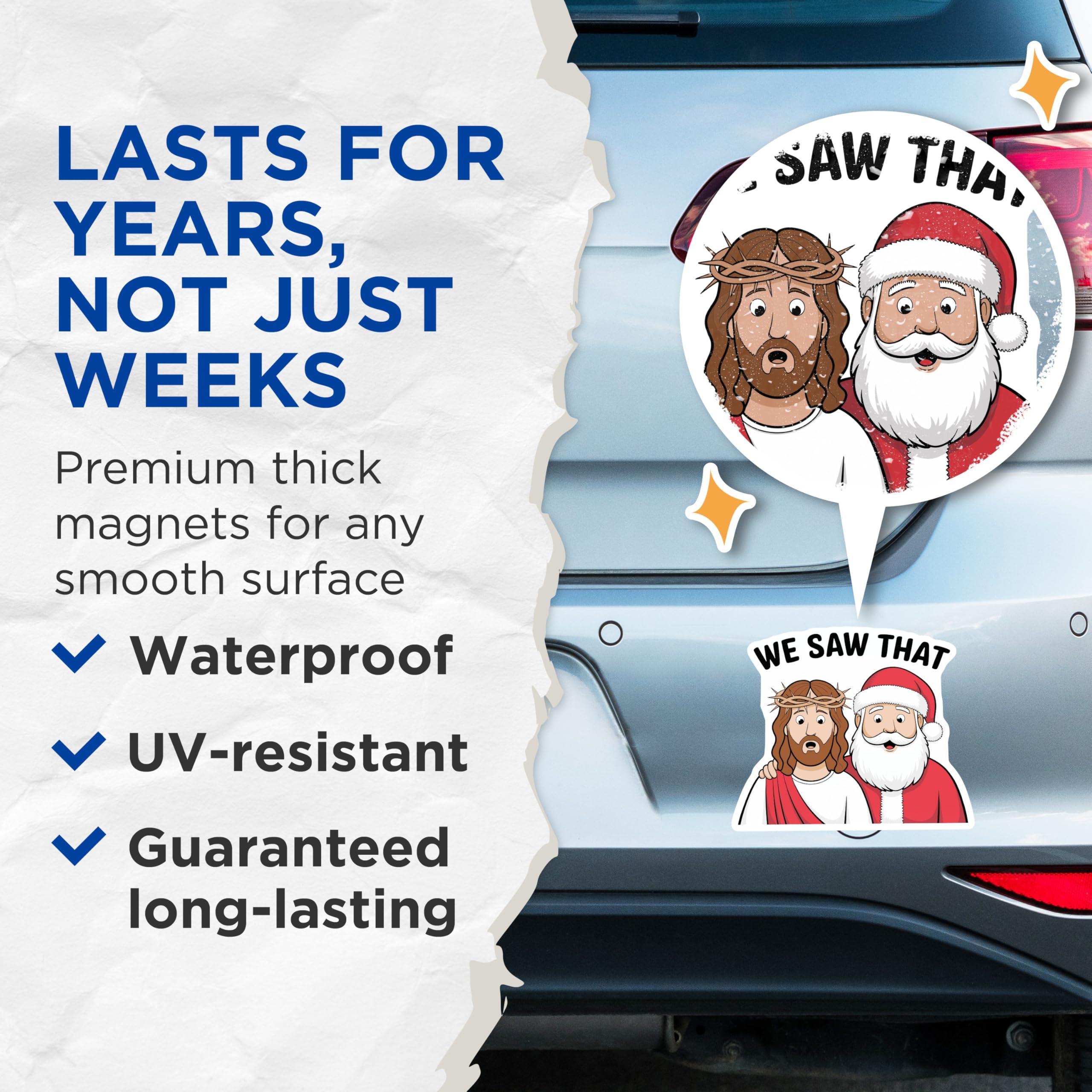 (2 Pack) Funny Jesus Santa Magnets - We Saw that Meme Humor - Irreverent Christmas Refrigerator Decor - 5 Inches On Longest Side - Thick Durable Magnet - Made in USA - MAG30365
