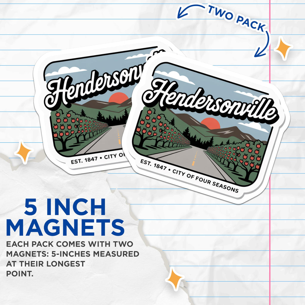 (2 Pack) Hendersonville Magnets - City of Four Seasons Decor - Retro Fridge Magnets - 5" On Longest Side - Premium Magnet - for Cars, Refrigerators, Toolboxes, Lockers - Made in USA - MAG18898