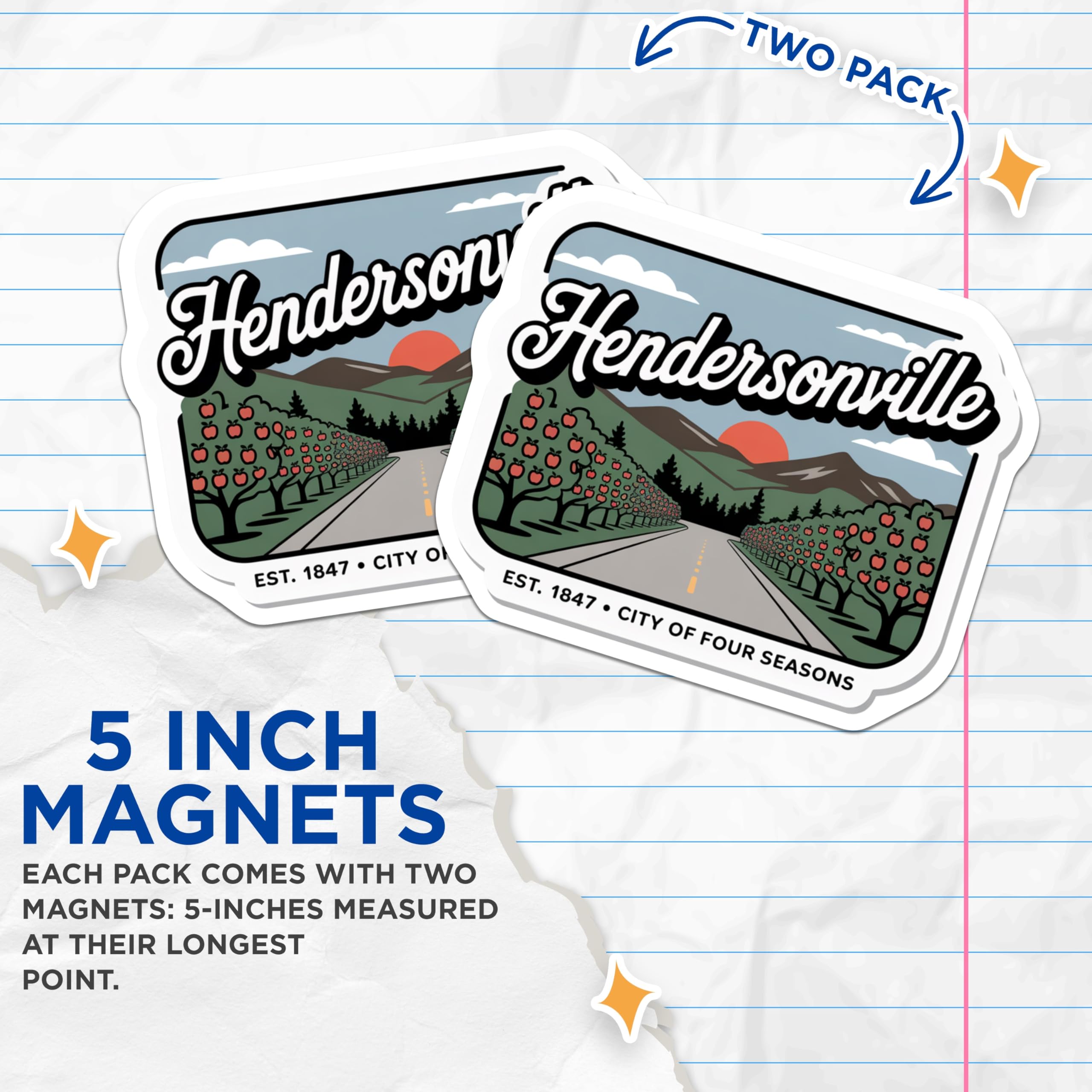 (2 Pack) Hendersonville Magnets - City of Four Seasons Decor - Retro Fridge Magnets - 5" On Longest Side - Premium Magnet - for Cars, Refrigerators, Toolboxes, Lockers - Made in USA - MAG18898