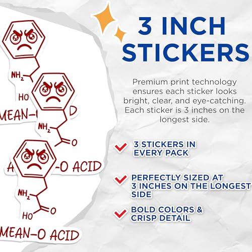(3 Pack) Amino Acid Decals - Funny Science Stickers - Chemistry Nerd Decal - 3 Inches On Longest Side - Easy Peel & Apply - Made in USA - 3MCS4442