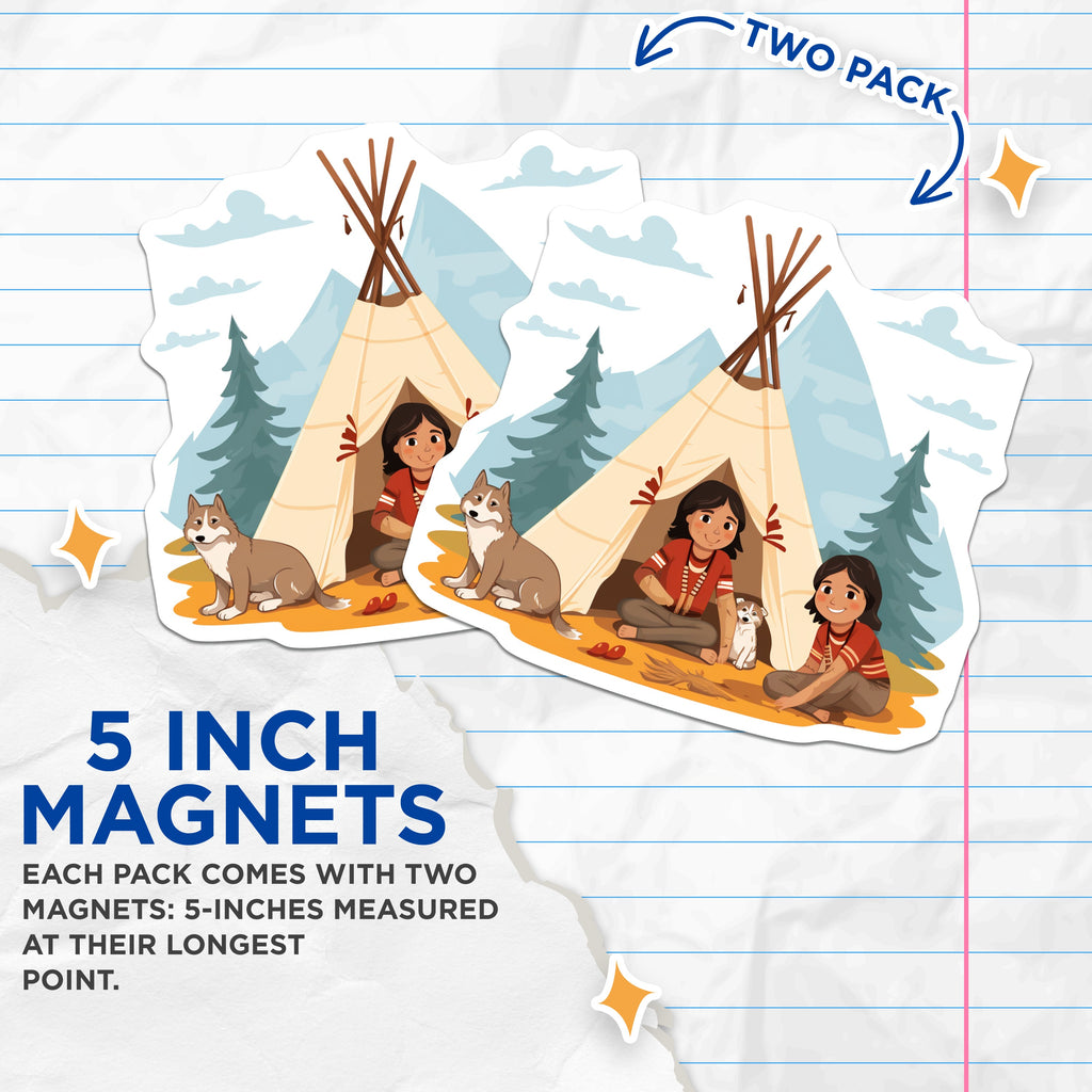 (2 Pack) Children Adventure Camping Magnets - Tipi Husky Dog Decor - Nature Lover Fridge Magnets - 5 Inches On Longest Side - Thick Durable Magnet - Made in USA - MAG39156