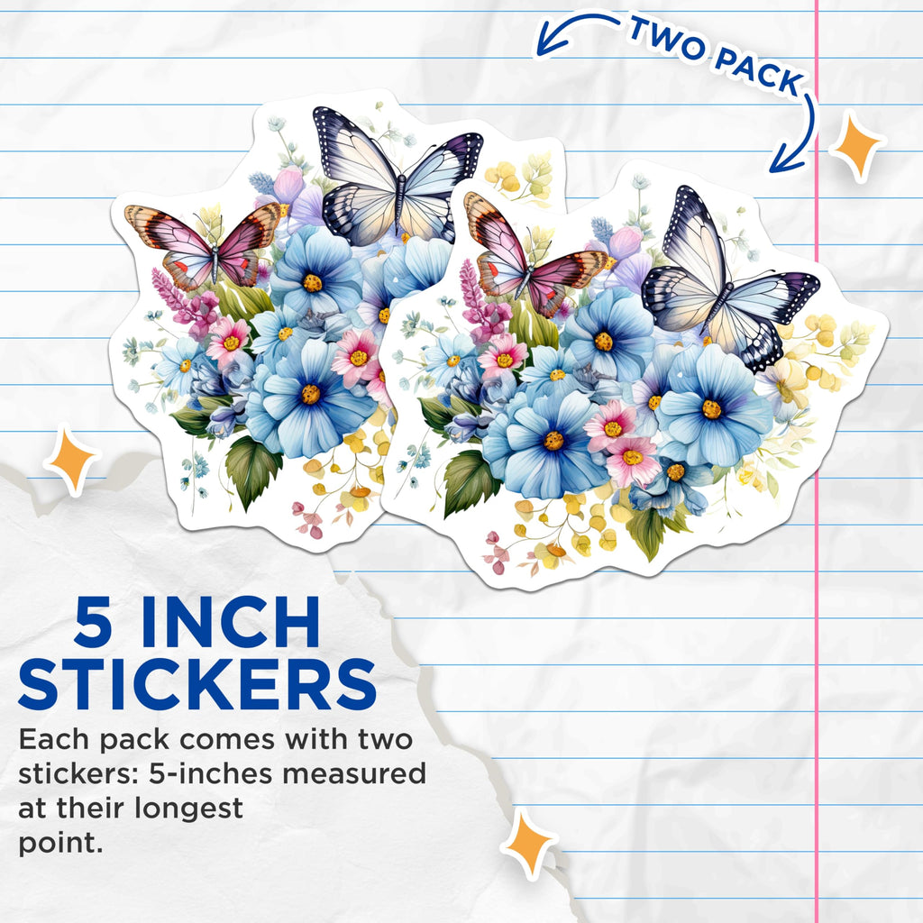 (2 Pack) Butterfly Flower Stickers - Floral Stickers - Nature Stickers - 5" On Longest Side - Sticks to Smooth Flat Surfaces - Made in USA - BMCS15862