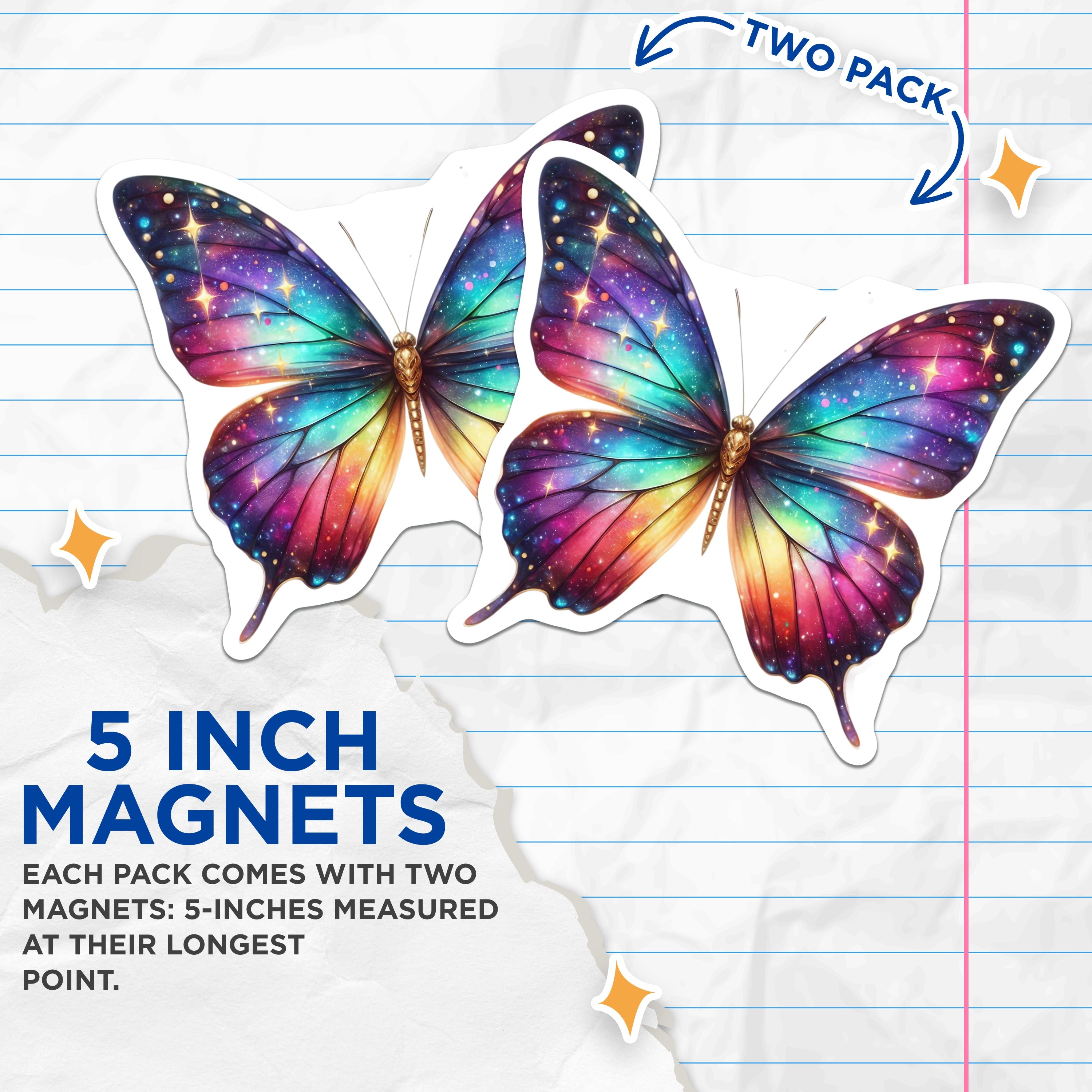 (2 Pack) Galaxy Butterfly Magnets - Celestial Space Decor - Whimsical Aesthetic Art for Fridge - 5 Inches On Longest Side - Thick Durable Magnet - Made in USA - MAG37668