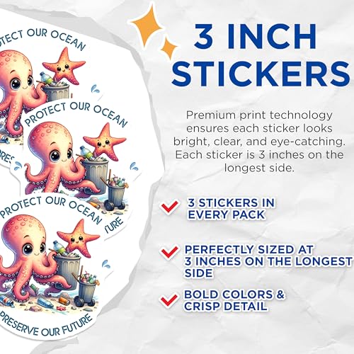 (3 Pack) Ocean Conservation Decals - Octopus Starfish Art - Environmental Awareness Sticker - 3 Inches On Longest Side - Easy Peel & Apply - Made in USA - 3MCS6715