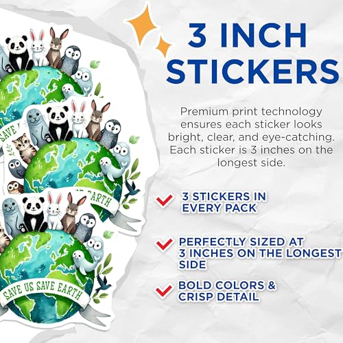 (3 Pack) Save Earth Animal Decals - Environmental Stickers - Protect Wildlife Decals - 3 Inches On Longest Side - Easy Peel & Apply - Made in USA - 3MCS6465
