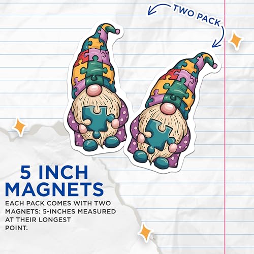(2 Pack) Quirky Gnome Decor Magnet - Colorful Puzzle Gnome - 5" On Longest Side - Sticks to Smooth Flat Surfaces - Made in USA - MAG9845
