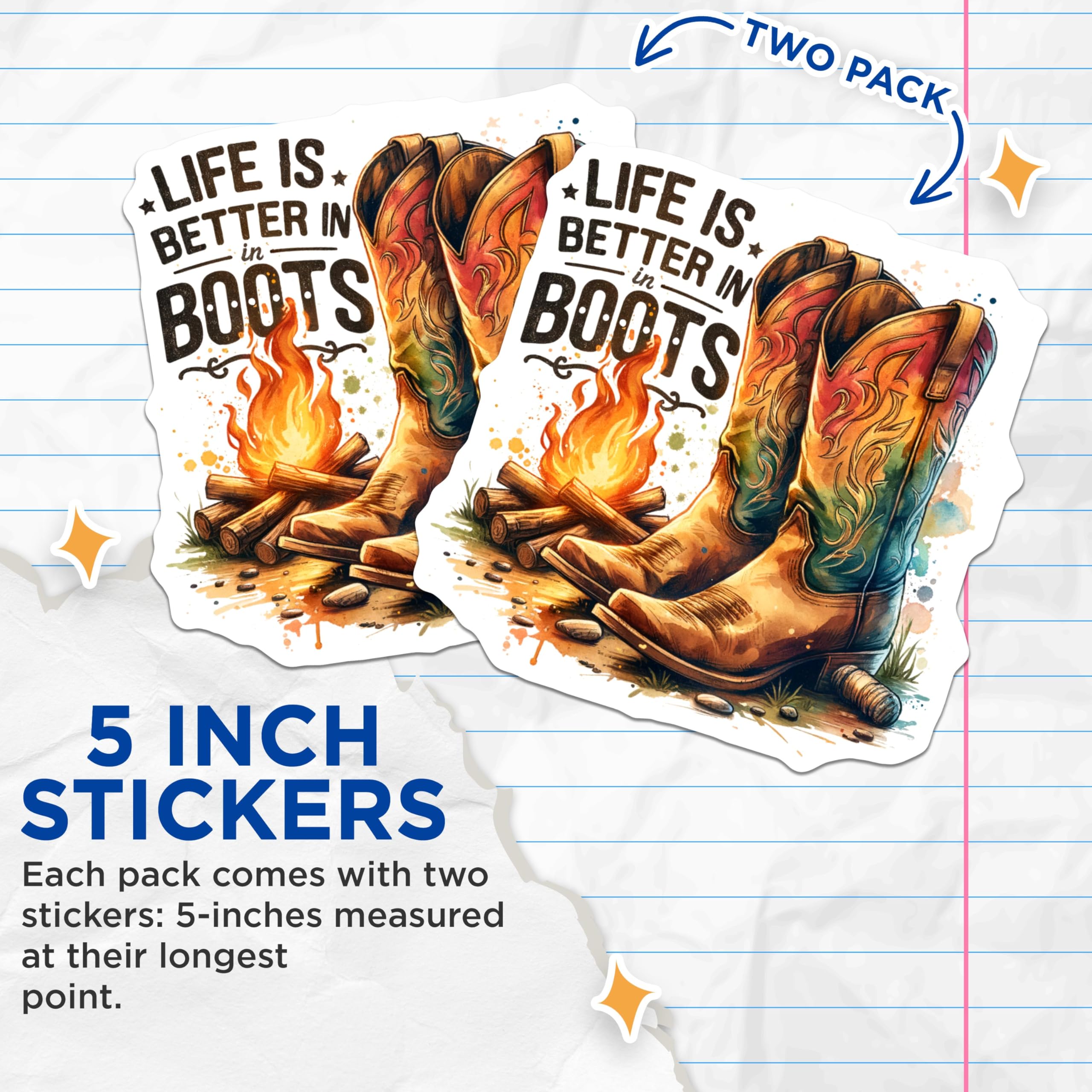 (2 Pack) Life is Better in Boots Stickers - Western Theme Decals - Cowboy Boot Art - 5" On Longest Side - Sticks to Smooth Flat Surfaces - Made in USA - BMCS7009