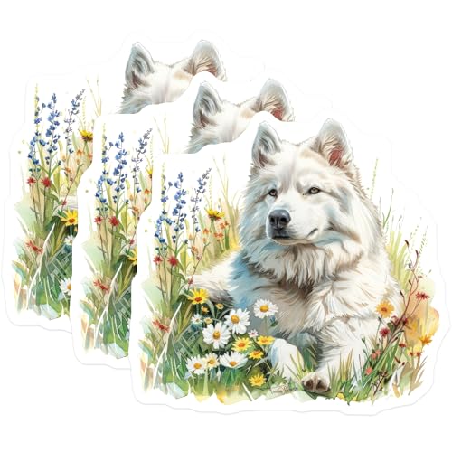 (3 Pack) White Dog Decals - Floral Puppy Decals - Laptop Water Bottle Stickers- 3 Inches On Longest Side - Easy Peel & Apply - Made in USA - 3MCS5936