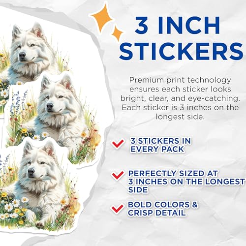 (3 Pack) White Dog Decals - Floral Puppy Decals - Laptop Water Bottle Stickers- 3 Inches On Longest Side - Easy Peel & Apply - Made in USA - 3MCS5936