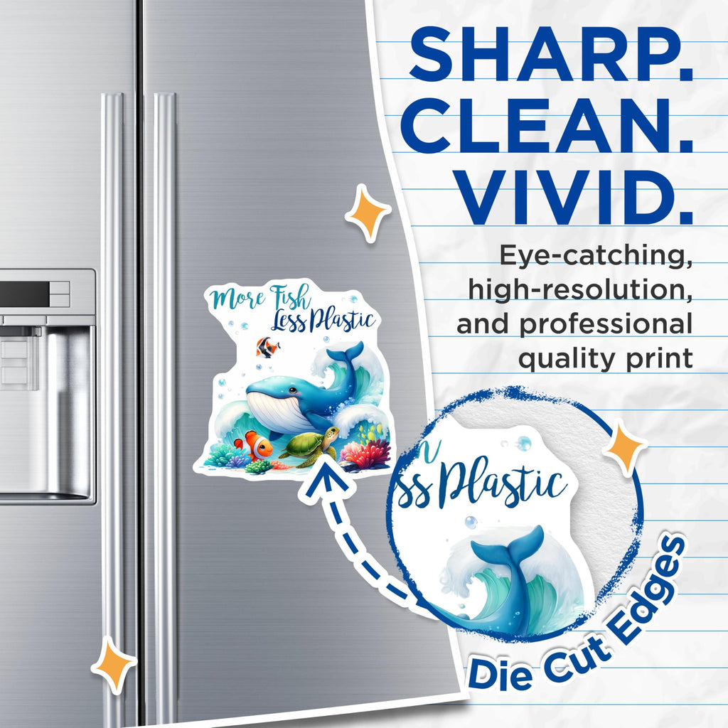 (2 Pack) More Fish Less Plastic Magnets - Ocean Life Decor - 5" On Longest Side - for Cars, Fridges, Toolboxes - Made in USA - MAG7958