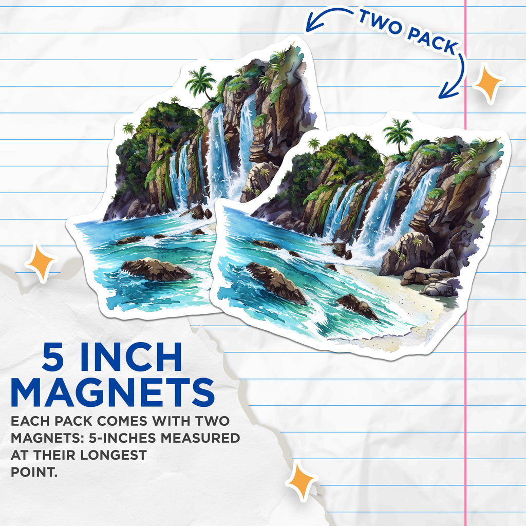 (2 Pack) Tropical Waterfall Beach Magnets - Island Paradise Scene - Coastal Ocean View - Watercolor Nature Art - Vacation Vibes Decor - 5" - Thick Durable Magnet - Made in USA - MAG39673