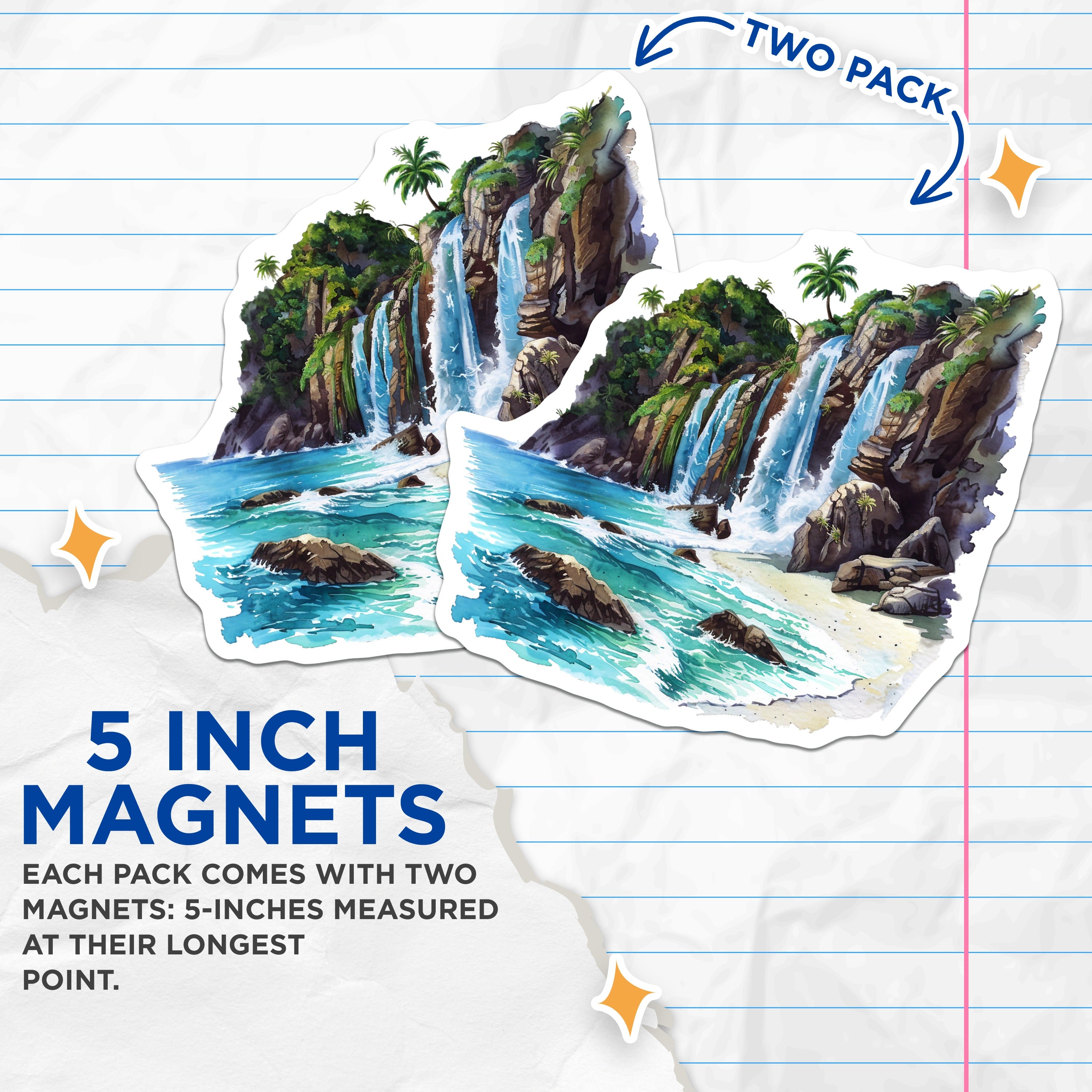 (2 Pack) Tropical Waterfall Beach Magnets - Island Paradise Scene - Coastal Ocean View - Watercolor Nature Art - Vacation Vibes Decor - 5" - Thick Durable Magnet - Made in USA - MAG39673