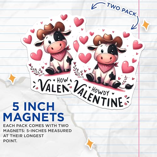 (2 Pack) Howdy Valentine Magnets - Cute Cow Magnets - Heart Cowboy Magnets - Valentine's Day Decor for Fridge - 5" On Longest Side - for Cars, Refrigerators, Toolboxes, Lockers - Made in USA BMCS3138