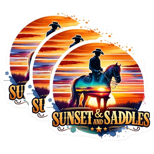 (3 Pack) Cowboy Sunset Decals - Western Horse Decal - Rodeo Laptop Decals- 3 Inches On Longest Side - Easy Peel & Apply - Made in USA - 3MCS5761