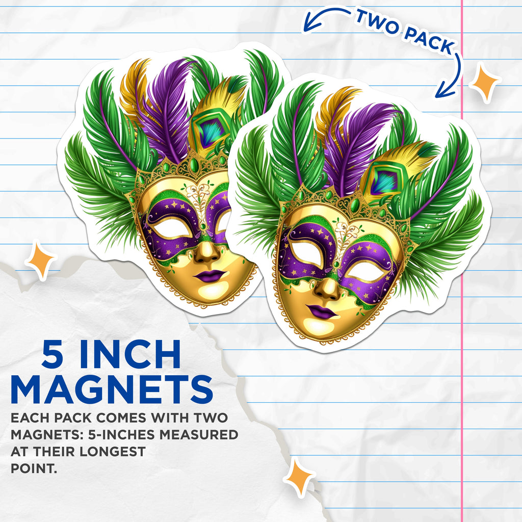(2 Pack) Mardi Gras Mask Magnets - New Orleans Decor - Festival Party Supplies - 5 Inches On Longest Side - Thick Durable Magnet - Made in USA - MAG36854