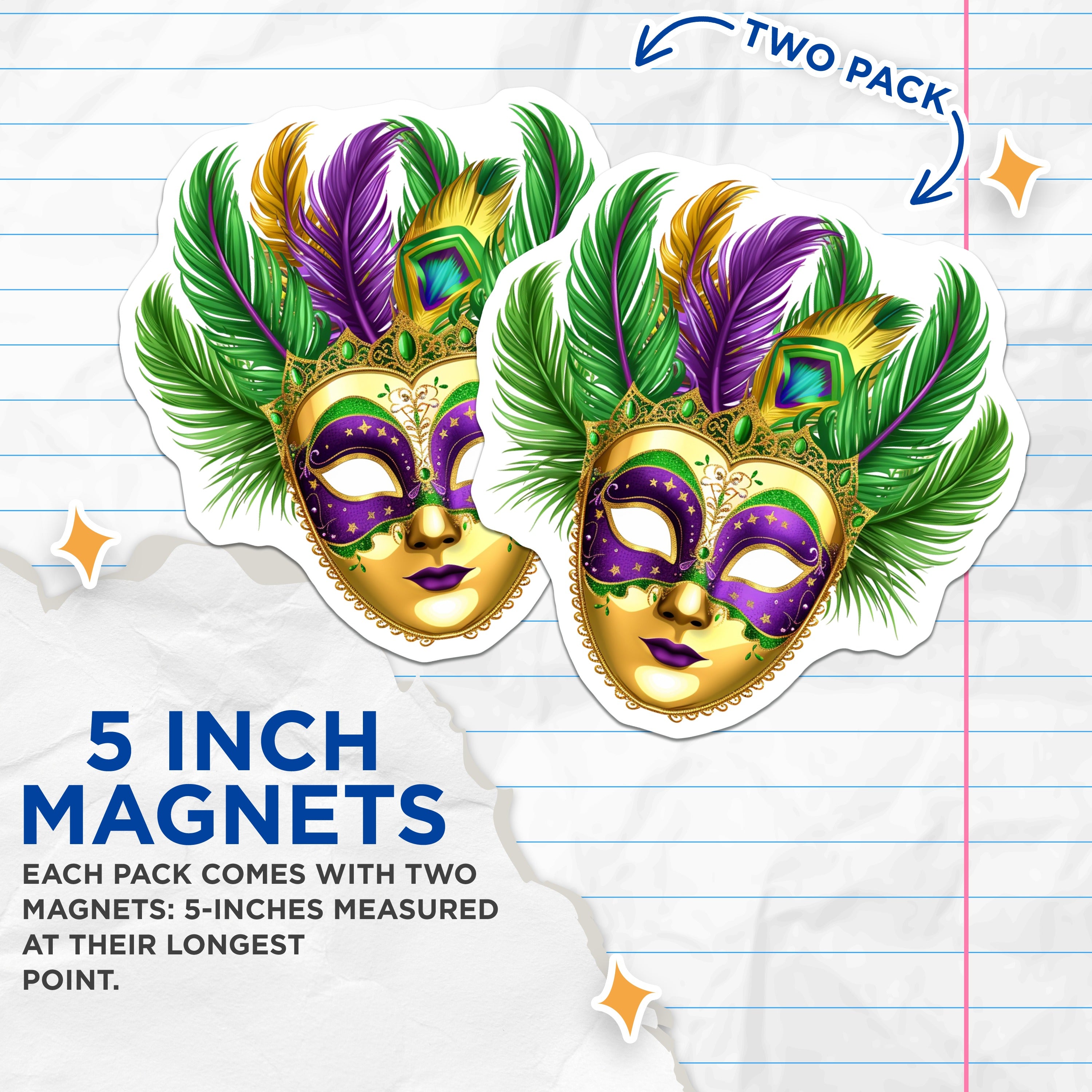 (2 Pack) Mardi Gras Mask Magnets - New Orleans Decor - Festival Party Supplies - 5 Inches On Longest Side - Thick Durable Magnet - Made in USA - MAG36854